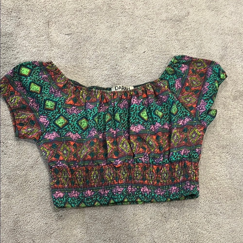 Green Multicolor Cropped Peasant Top